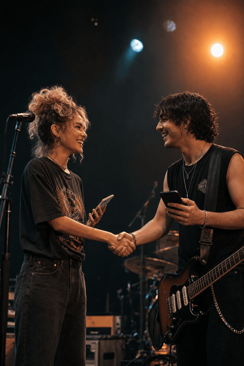 Two musicians shaking hands on stage, phones in hand
