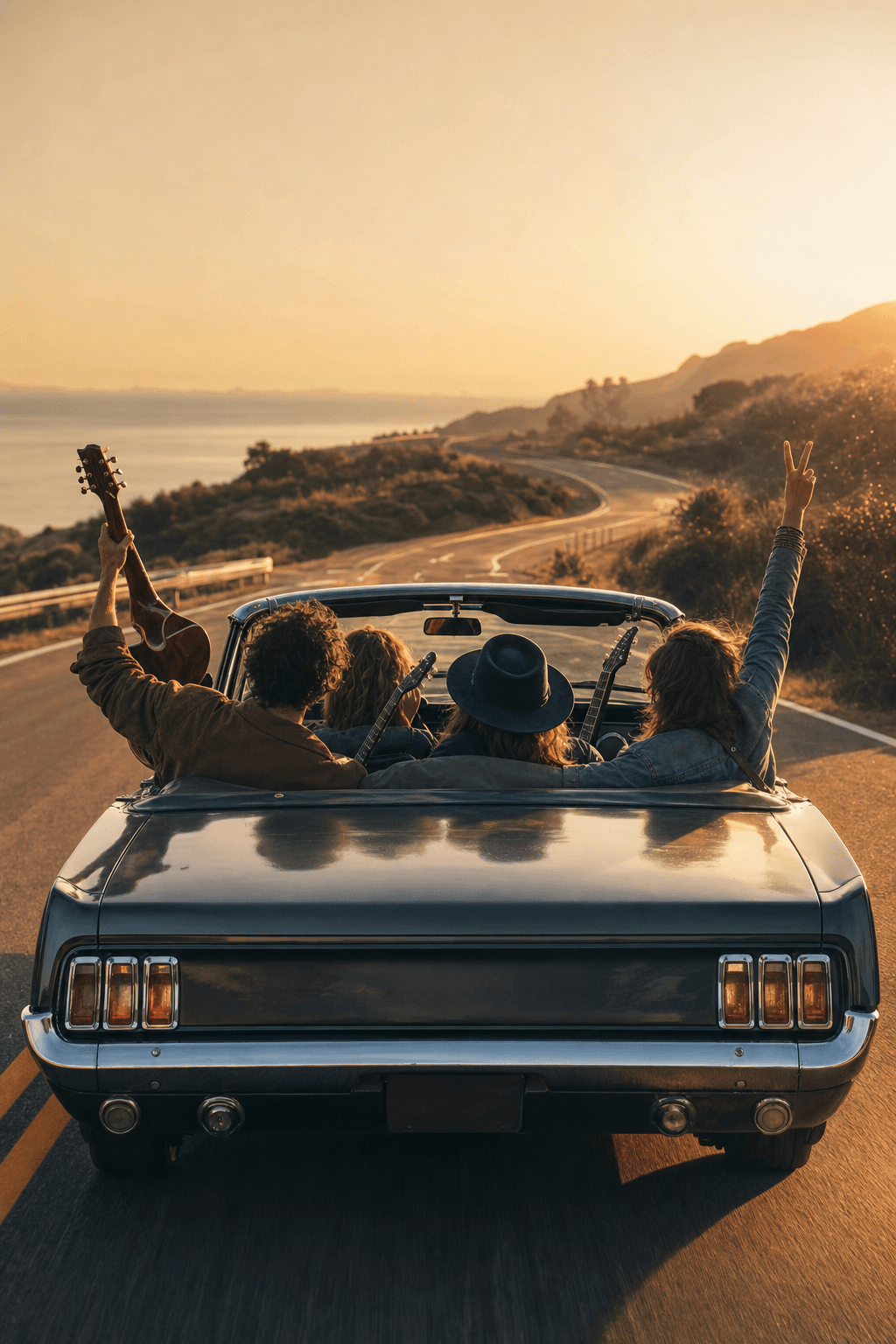 A band in a convertible on a coastal road at sunset, guitars raised